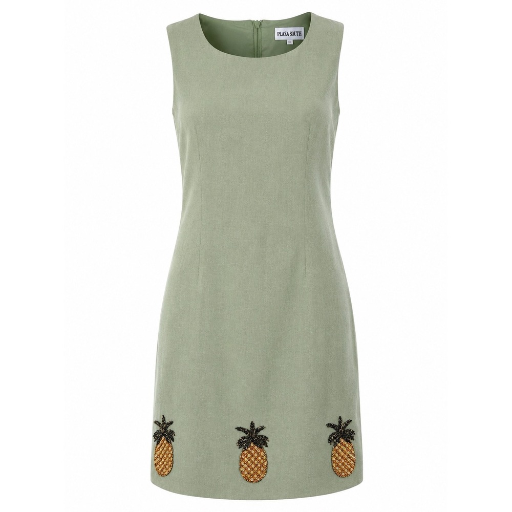 Plaza South Shift Dress Women 14 Green Linen Blend Beaded Pineapple VTG Vacation
